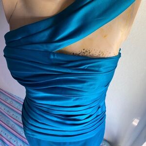 Monique Lhuillier blue satin bridesmaid dress
